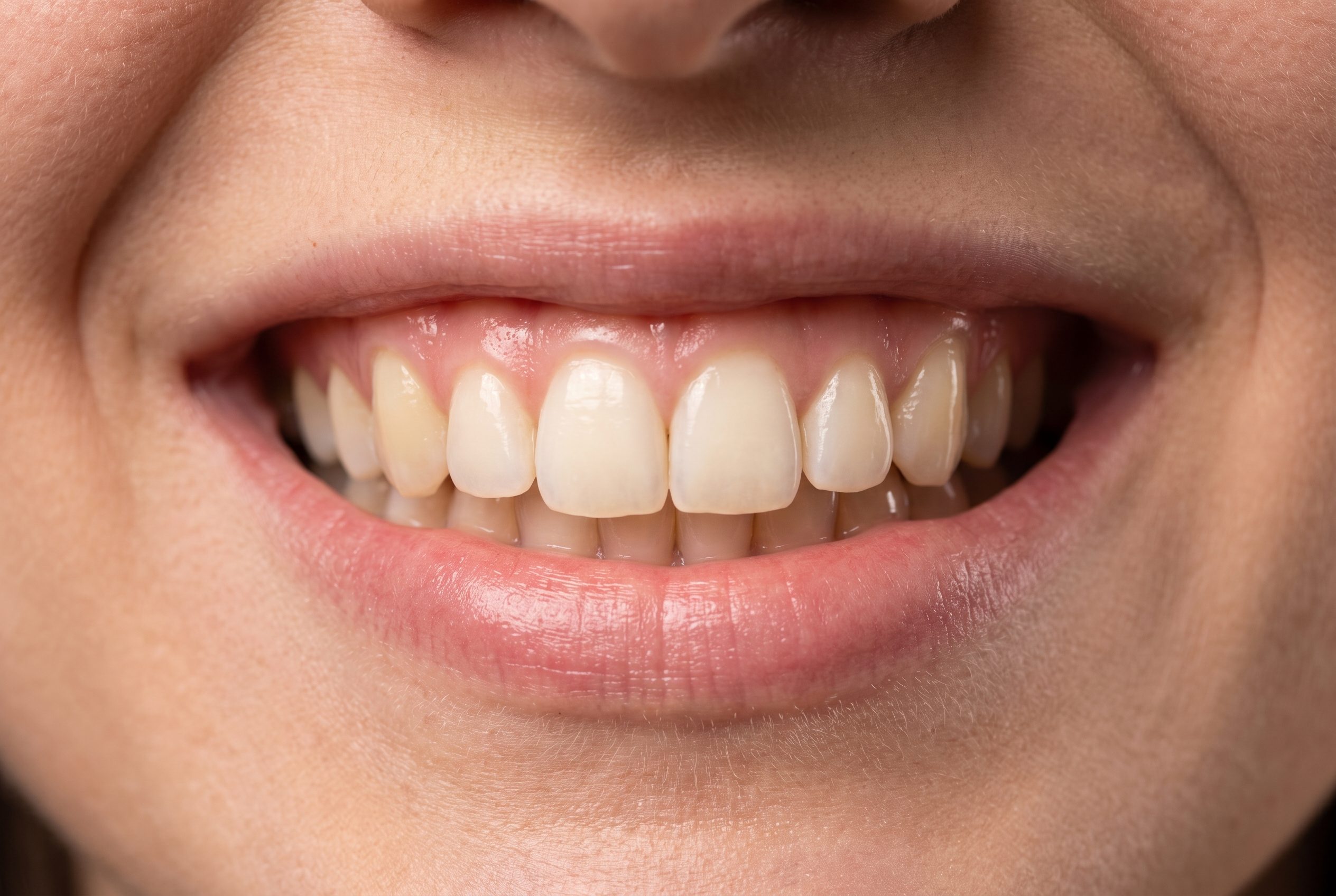 Primo piano di un sorriso con denti e gengive sane